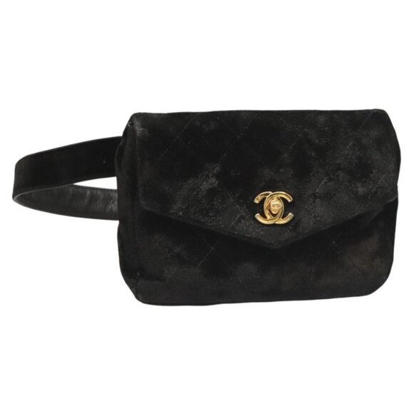 CHANEL Handbags - Chanel Black/Gold Velvet Velor Waist Bag